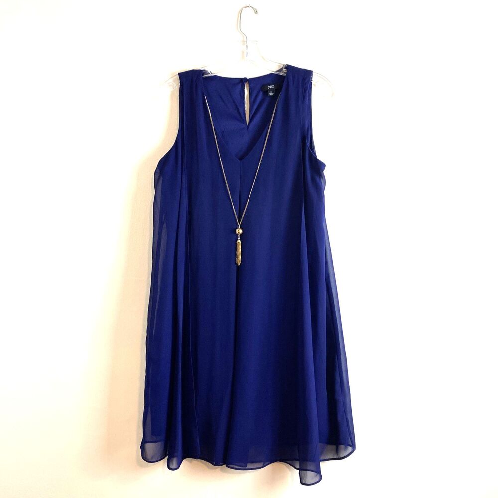 JBS Navy Blue Sleeveless Shift Dress Size 8 Tassel Necklace Formal Evenining